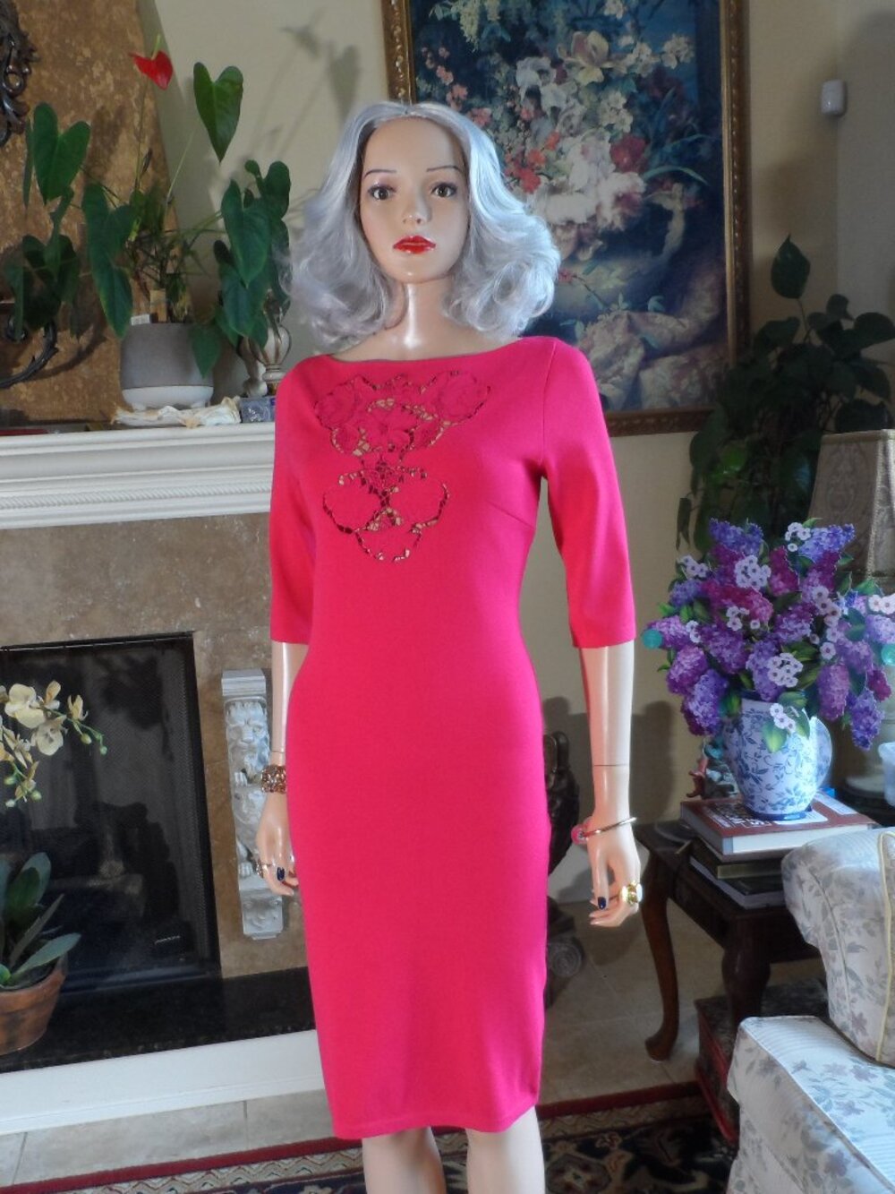Blumarine Fuchsia Floral Lace Knit Sheath Dress Size IT 46 US 10